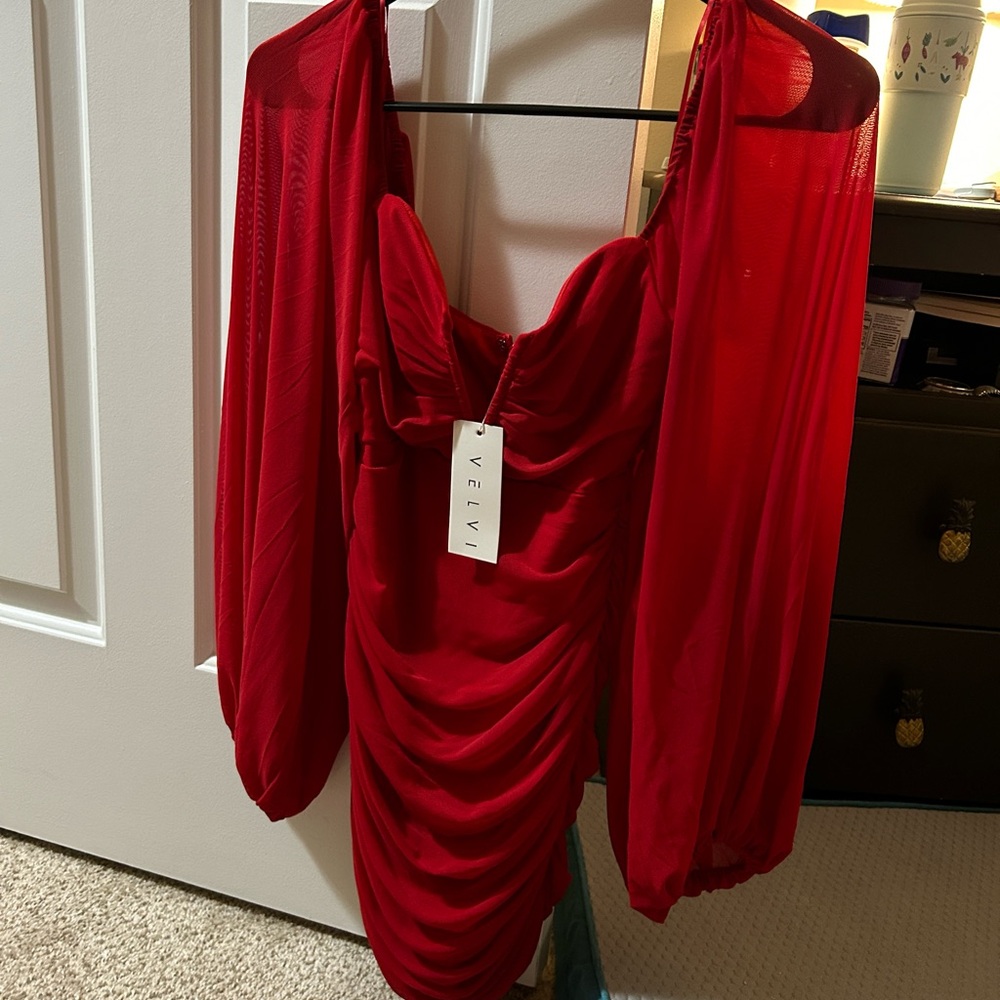 NWT RED OFF THE SHOULDER MESH BODYCON MINI DRESS SIZE XS